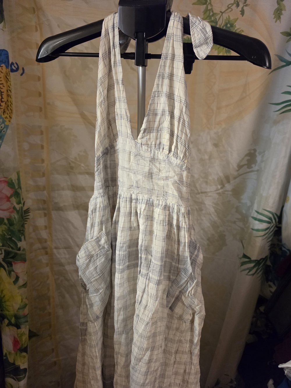 Urban Outfitters Backless Halter Midi Women Dress Plaid Pockets Smocked V Neck